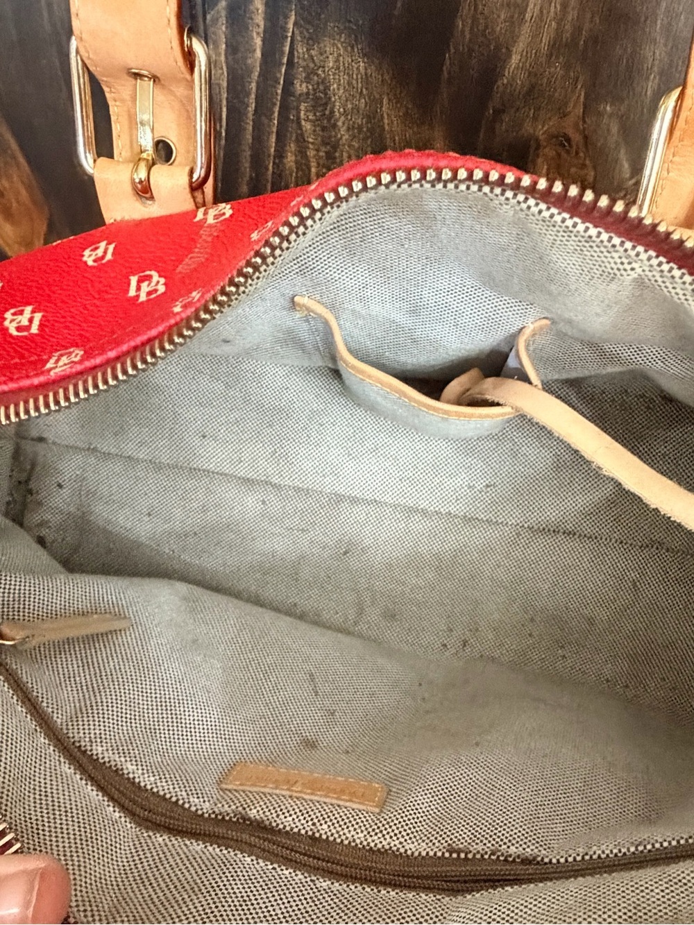 Dooney & Bourke Red Logo Canvas Shoulder Bag w/ Tan Leather Trim crossbody strap - Picture 9 of 13